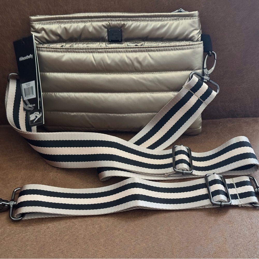 Think Royln Gold Quilted Crossbody Bag with Striped Crossbody and Hip Straps NWT